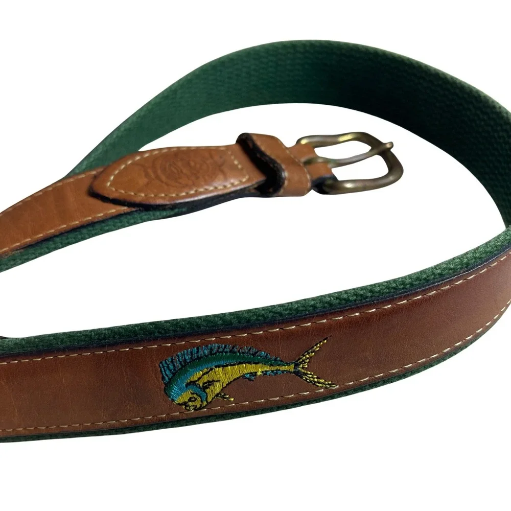 Mens Brown‎ Leather Canvas Belt Mahi Mahi Fish Embroidered Sz 36 Nautical Casual